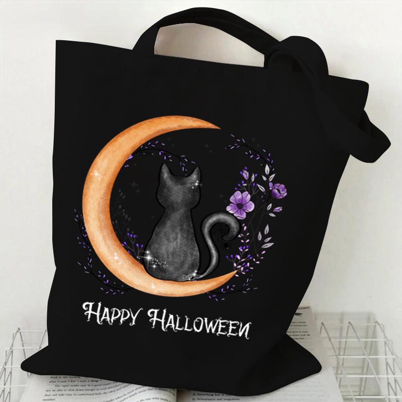 Cat Tote Bag Gothic Black Cat Shopper Halloween Party Gift Shopping Bag Spooky Seasonal Fun Animal Women's Tote Bag