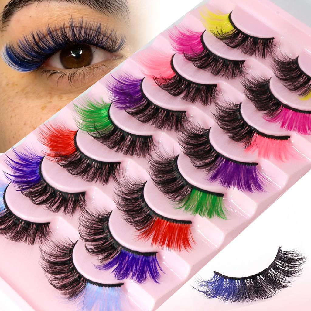 8 Pairs Colored False Eyelashes, 3D Mink Faux Lashes With Color Tips, Dramatic Fluffy Volume Strip Lashes Colorful Lash Extensions For Makeup