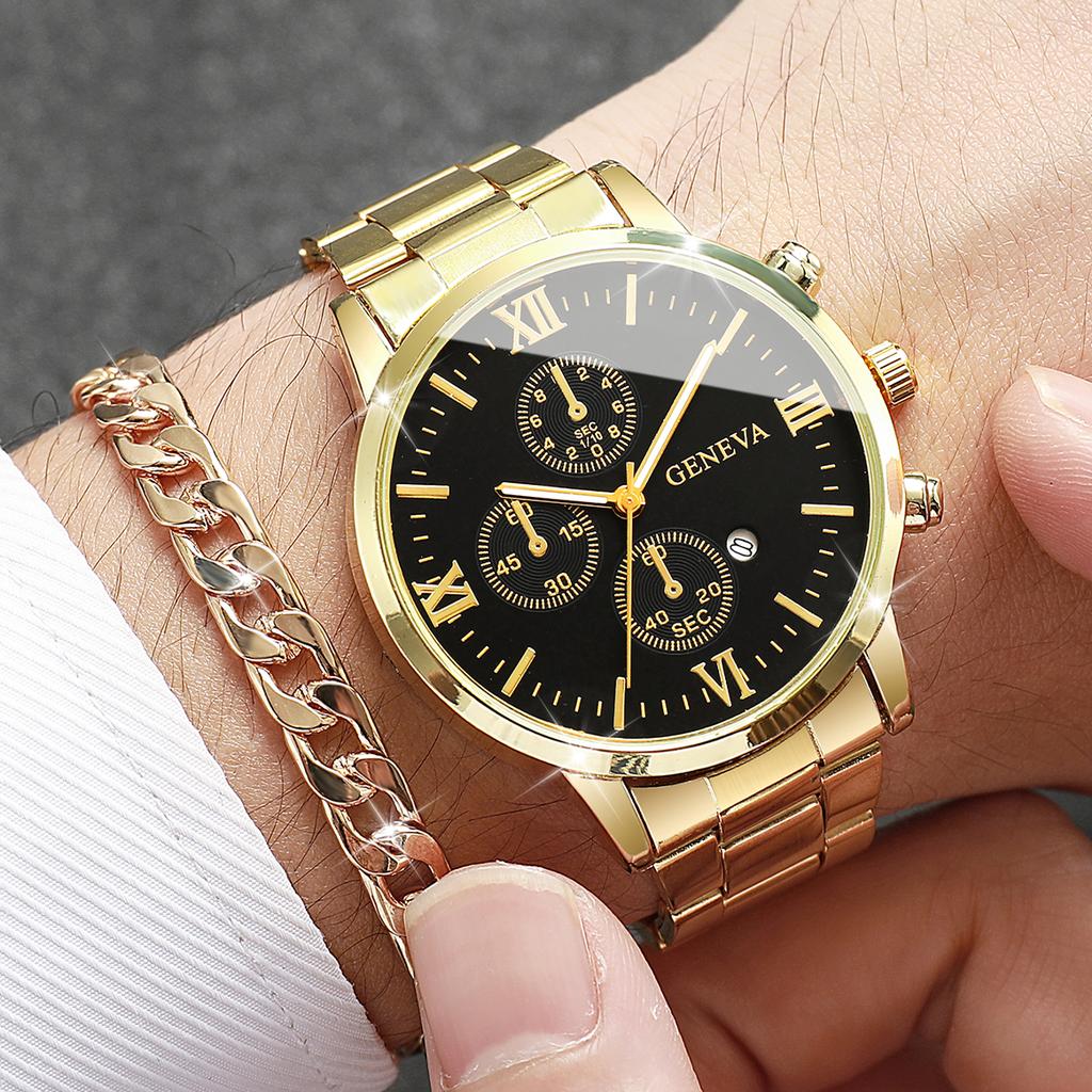 4pcs/set Men's Trendy Watch Bracelet Necklace Ring Set Hip Hop Style Casual Men's Cool Quartz Watch Set (No Box)
