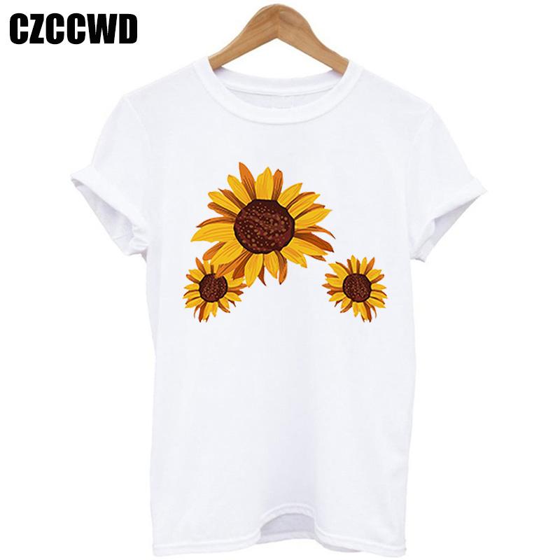 Sunflower Bee Kind Yellow Women Tshirt Aesthetics Graphic Short Sleeve Cotton Polyester T Shirts Female Camisetas Verano Mujer