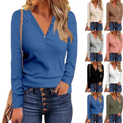 Women Fashion Casual Autumn and Winter Tops Long Sleeve Pullovers T Shirt Ladies Knitting Shirts V Neck Button Up Blouses