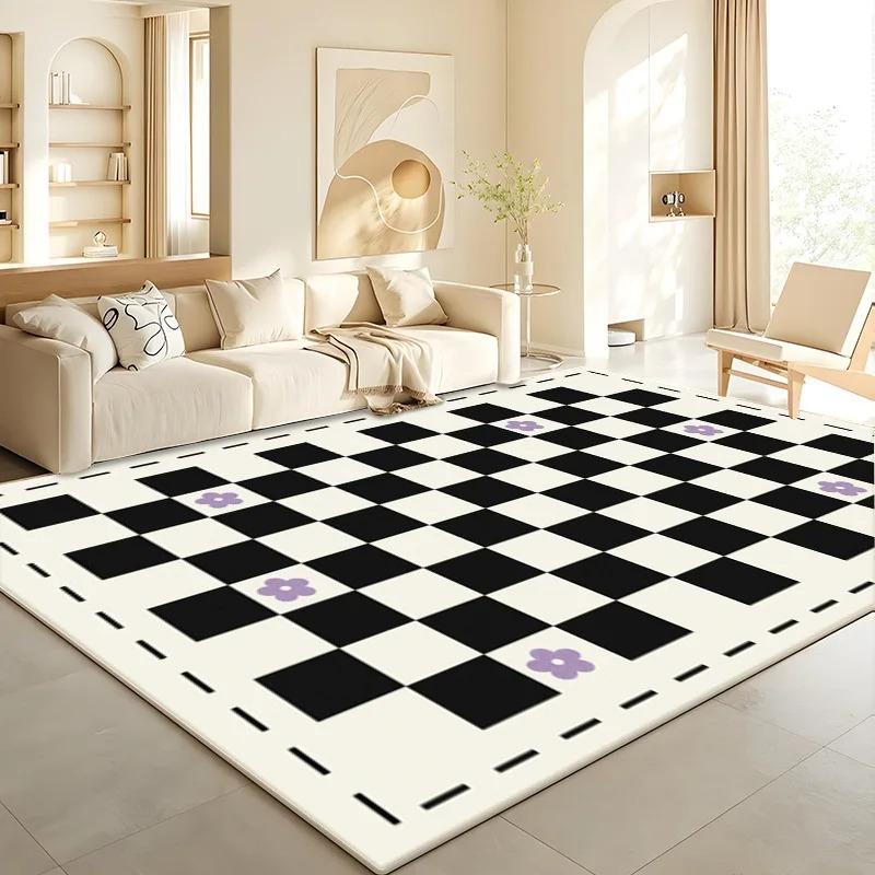 Black and White Checkered Carpet, Living Room Sofa, Simple Bedroom Cream-Style Floor Mat, Ins Bedside Home Decoration Rug
