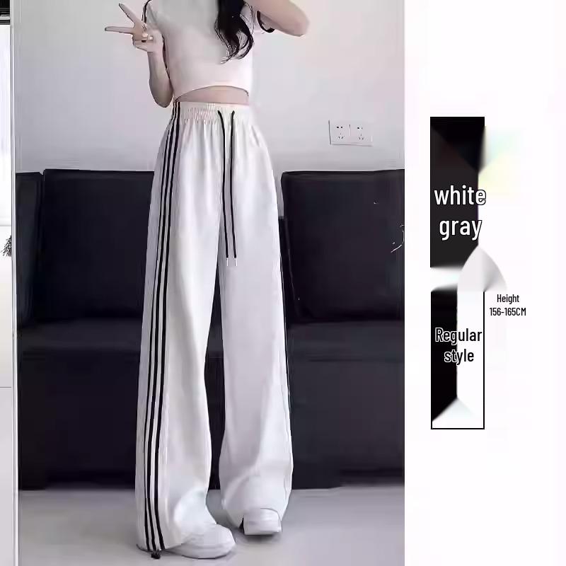 Petite Women's High-Waisted White/Gray Striped Fleece-Lined Joggers - Autumn/Winter