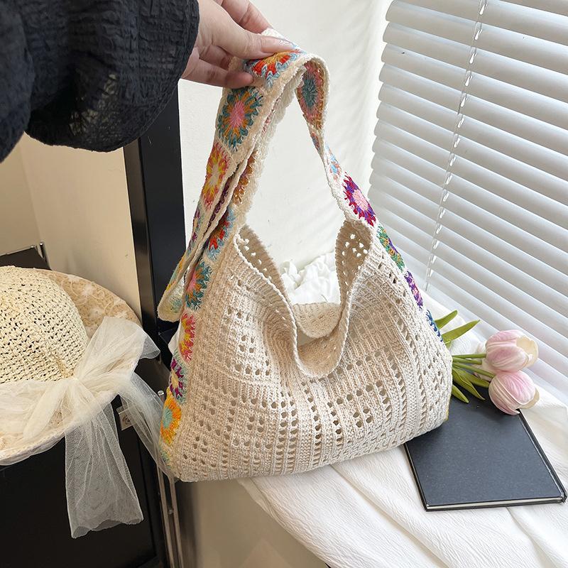 Large Capacity Fashi Boho Tote Bag Trendy Floral Crochet Handmade Knitted Bag Vintage Multicolor Hollow Out Handbag