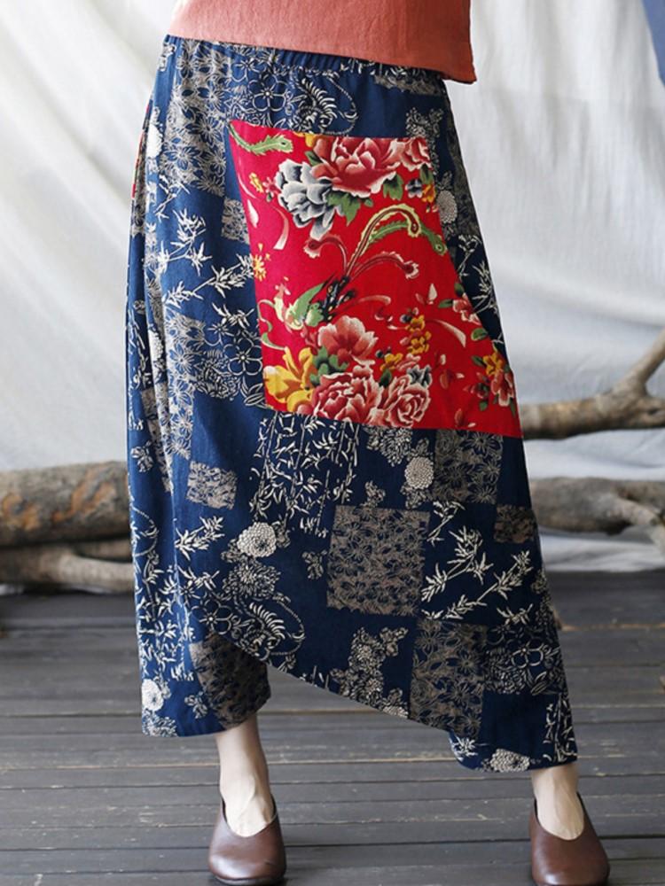 Johnature Women Vintage Patchwork Cross-pants Elastic Waist Spring Trouser Loose Casual Women Cotton Linen Pants