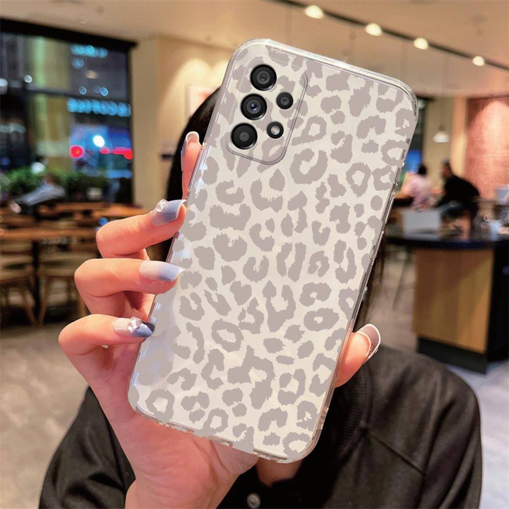 White Leopard Print Transparent Phone Case For Samsung A53 A33 A73 A23 A22 A21S A32 A52 A51 A71 Artistic Pink Marble Clear Cover