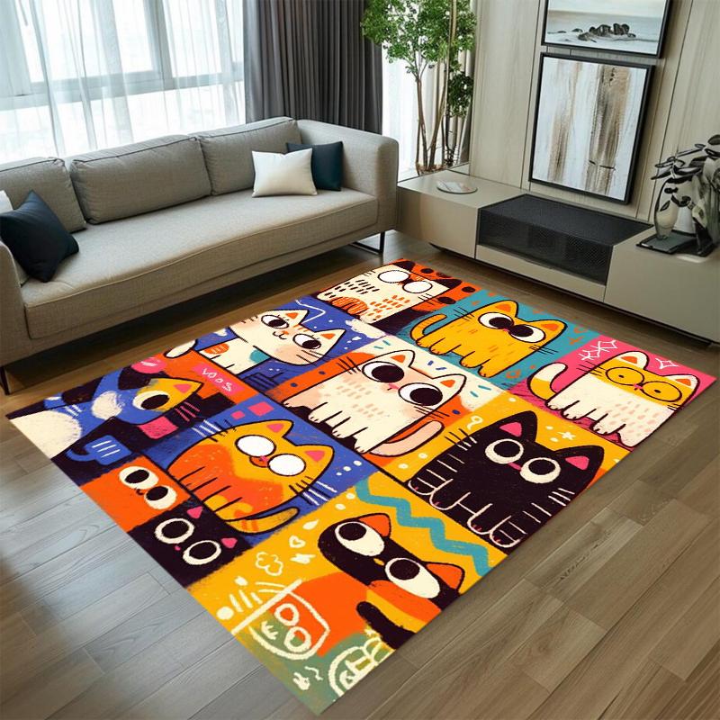 Cartoon Cute Cat Pattern Rectangular Carpet Colorful Soft Decorative Floor Mat for Living Room Bedroom Home Decor