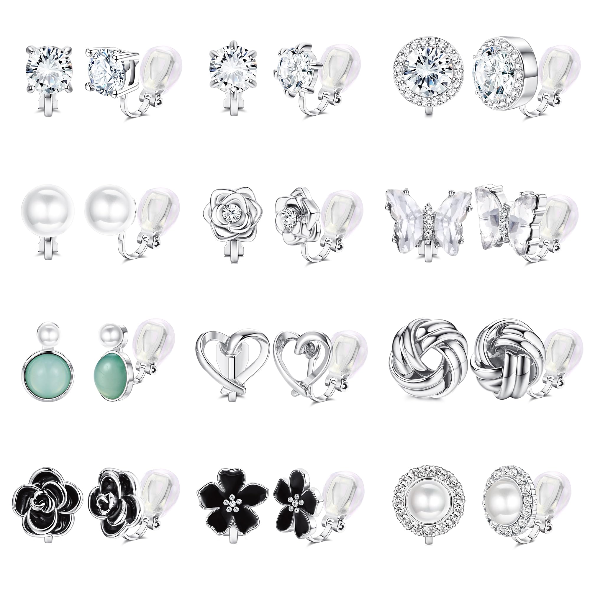 

Diamday 12 Pairs Cute Earrings for Popular Cubic Zirconia Clip No Holes Accessories Women, Earrings, Flower, Heart, Non-Pierced Earrings, Needed,