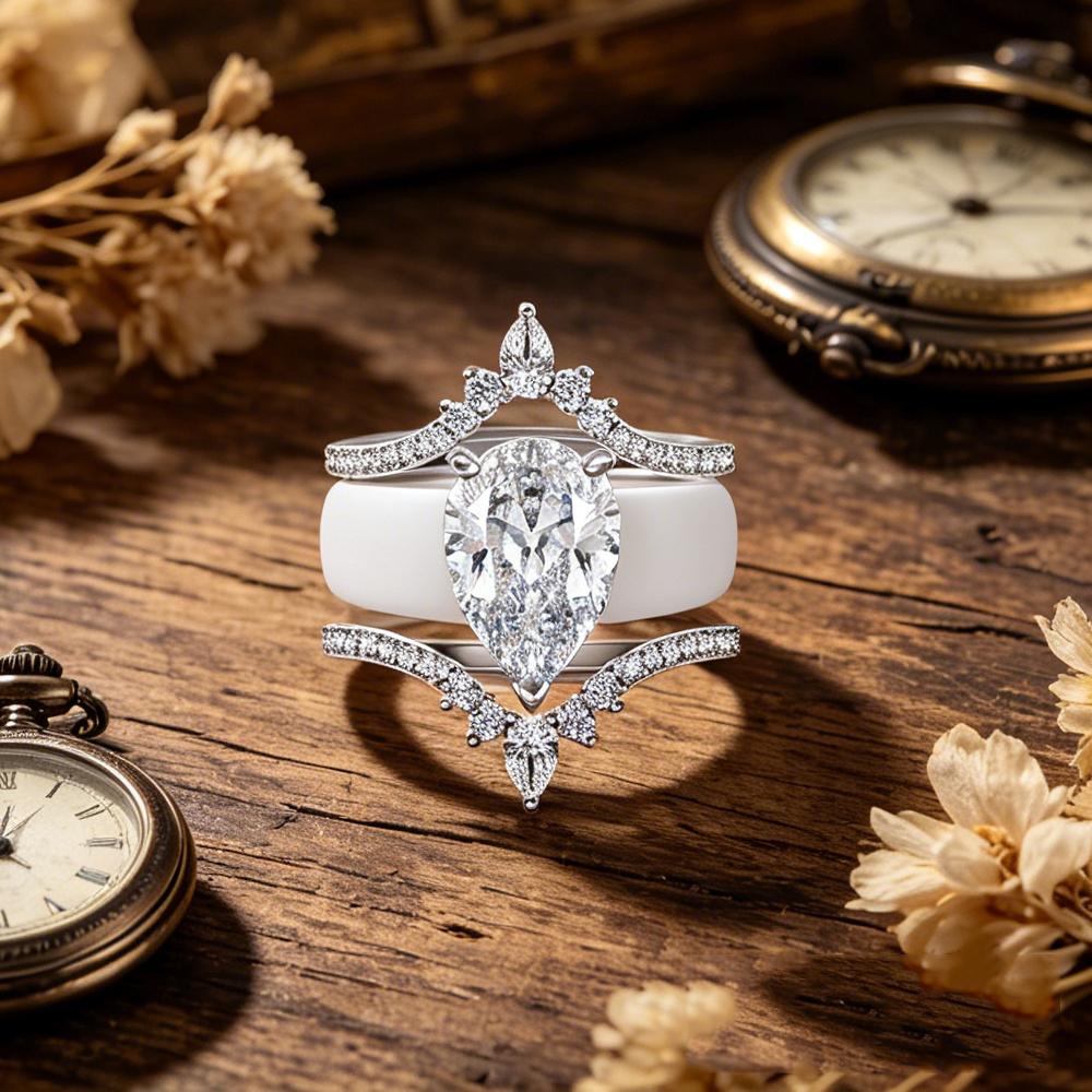 White Silicone Crown Wedding Ring Set S Pear Cut CZ Stackable Engagement Rings for Women Bridal Promise Jewelry Gift