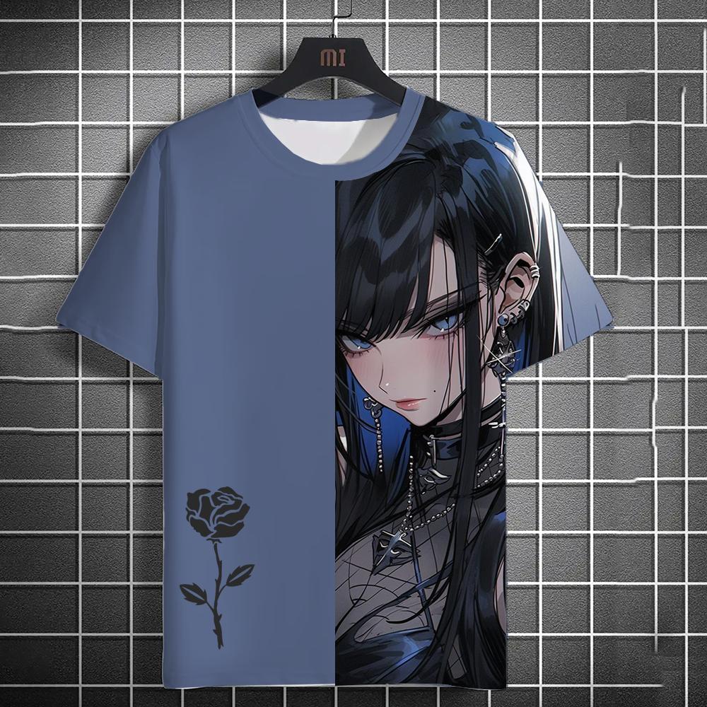 

летняя новая мужская летняя повседневная футболка в старинном стиле с 3D-принтом, аниме-девушки, принт розы, высококачественный принт унисекс с коротким рукавом 6XL