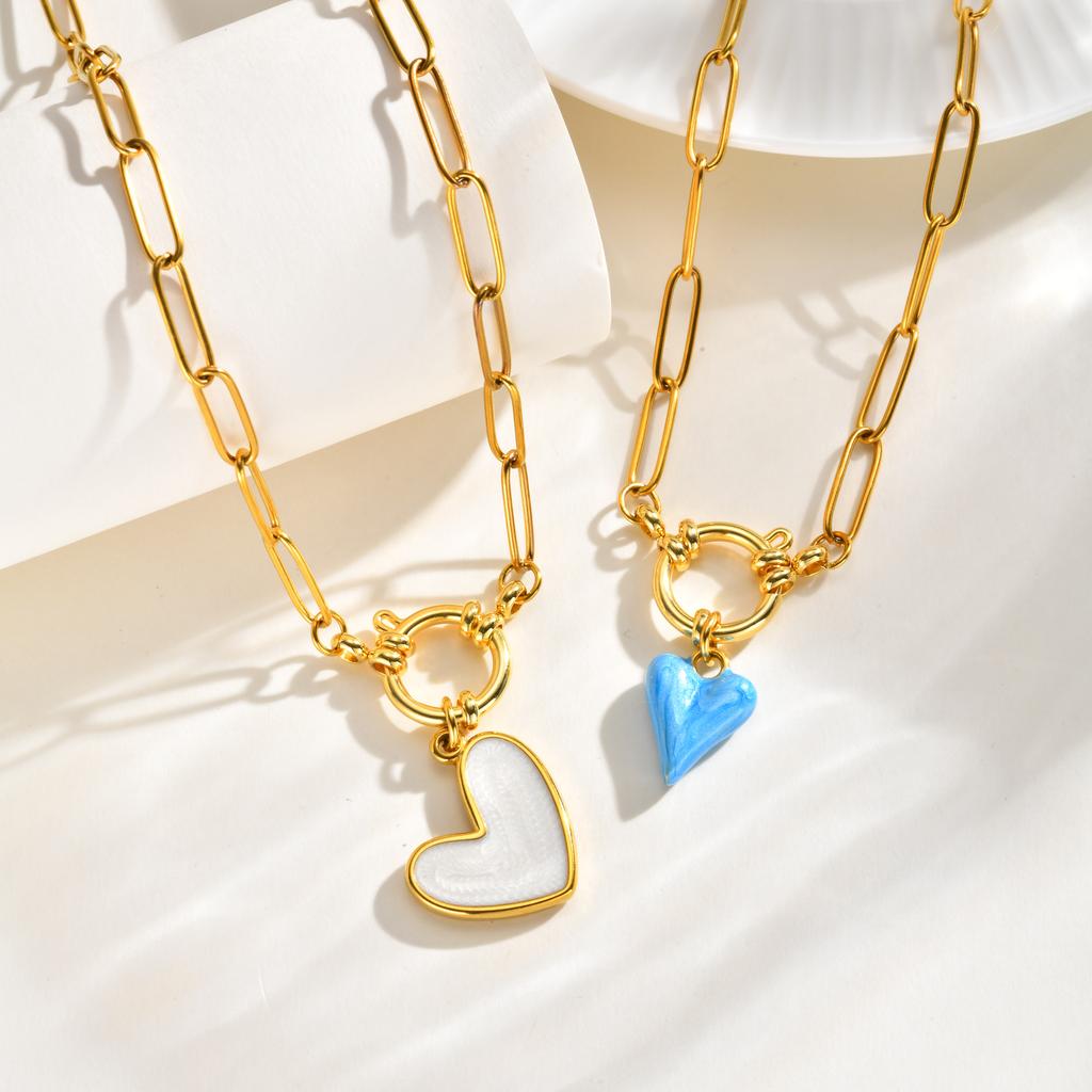 Romantic Heart Pendant Necklace Gold Plated Stainless Steel Paperclip Chain Enamel Love Shape Waterproof Aesthetic Mother Gift