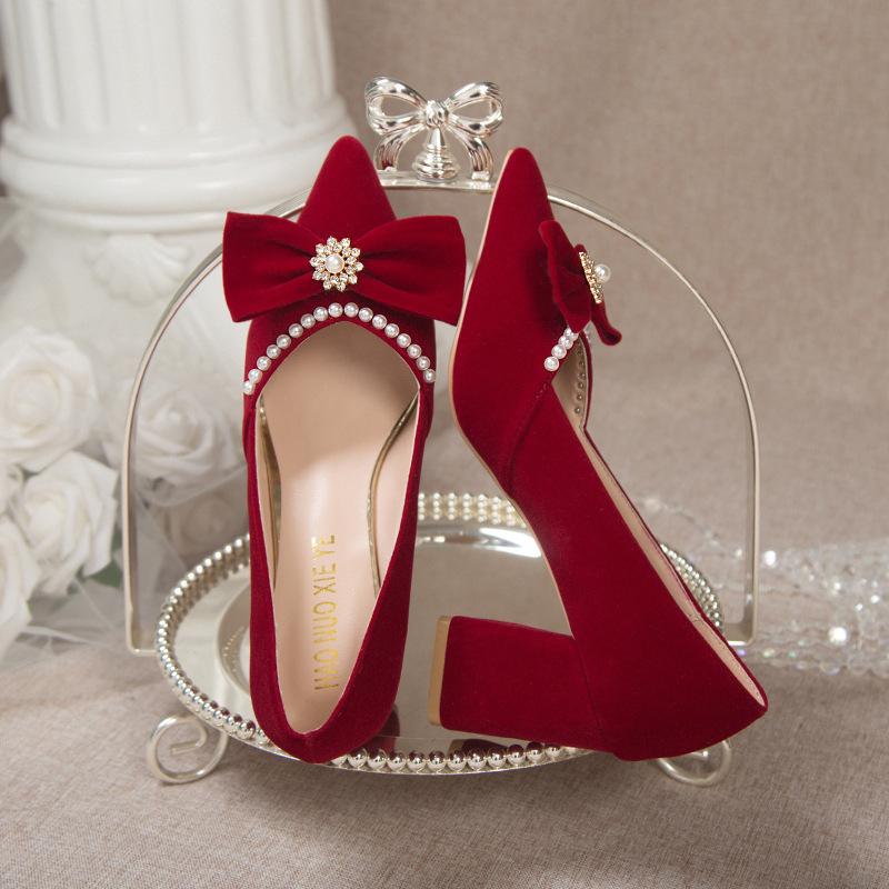 Wedding Shoes Bridal Shoes 2025 New Red High Heels Thick Heel Xiuhe Wedding Dress Two Wear Wedding Shoes Are Not Tired