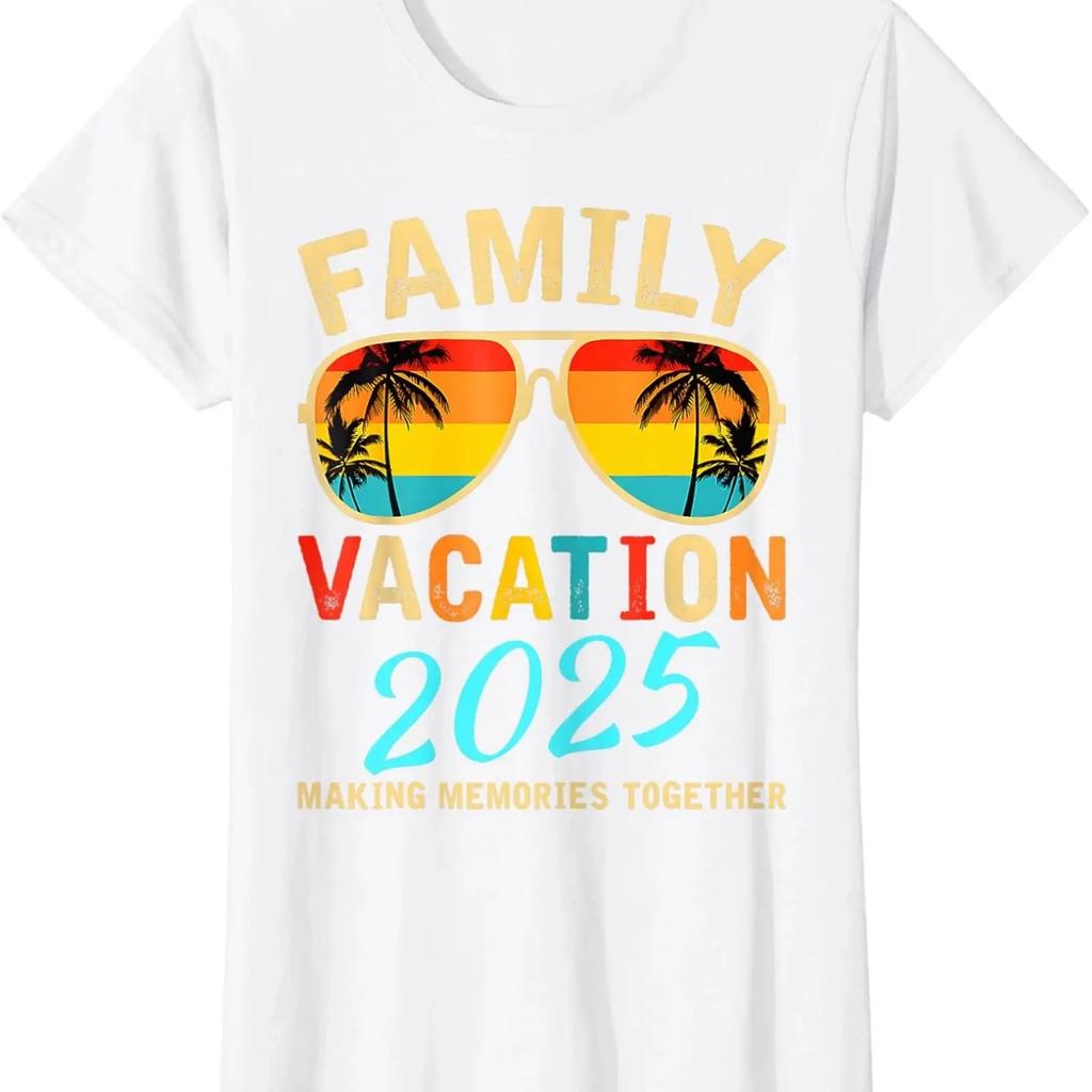 Summer Vacation 2025 Beach Family Matching T Shirt Ladies Crewneck Vintage Versatile Soft Stylish Comfortable Slightly