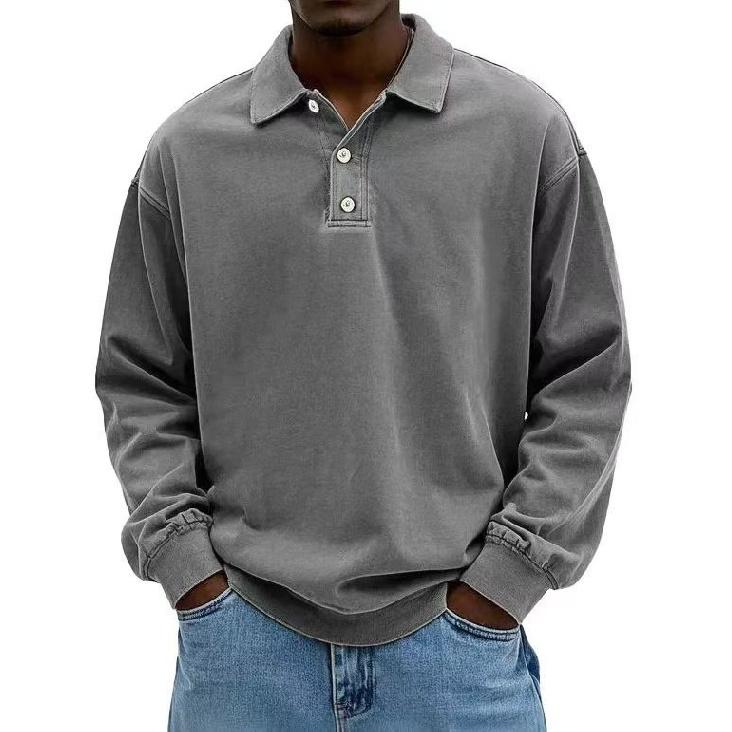 Men's Casual Versatile Long Sleeve Button Lapel Polo Shirt, Daily Business Commute Top