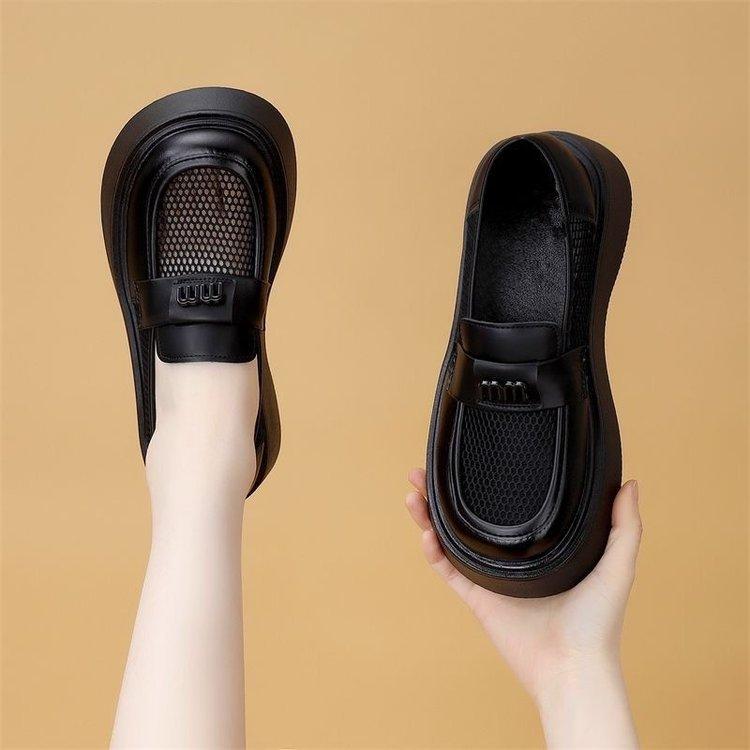 Thick-soled soft leather mesh loafers women's 2025 new hollow summer breathable British one-pedal mesh cool leather shoes