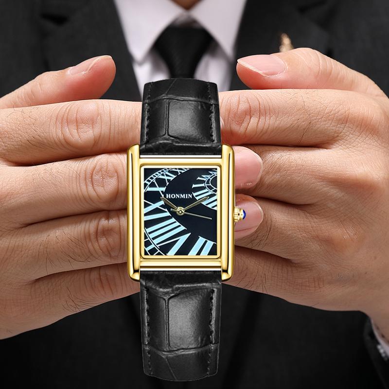 HONMIN Luxury Style Roman Dial Tank Ultra-Thin Rectangular Elegant Men's Quartz WaterProof Watch