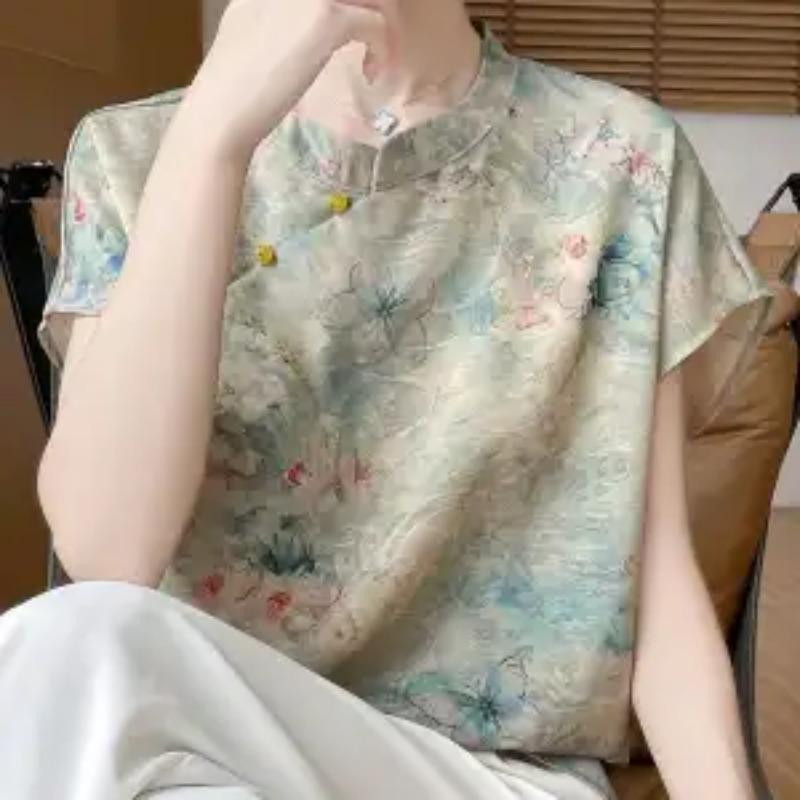 Women's Vintage Floral Print Cheongsam Inspired Short Sleeve Blouse