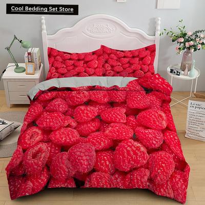 Bettbezug mit Obst und Himbeeren, King- und Queen-Size-Größe, 3D-Grapefruit- und Blaubeer-Druck, weiches Bettwäscheset, 2/3-teilig, Polyester-Bettbezug