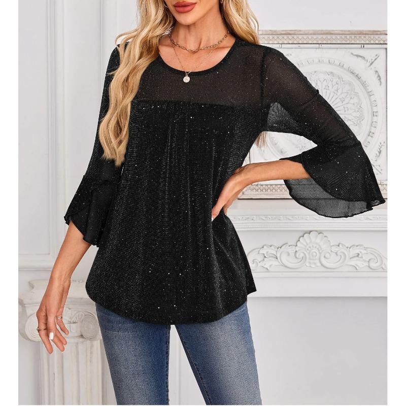 Popular Summer Three-quarter Sleeve Shirt Pleated Bell Sleeves Round Neck Mesh Top