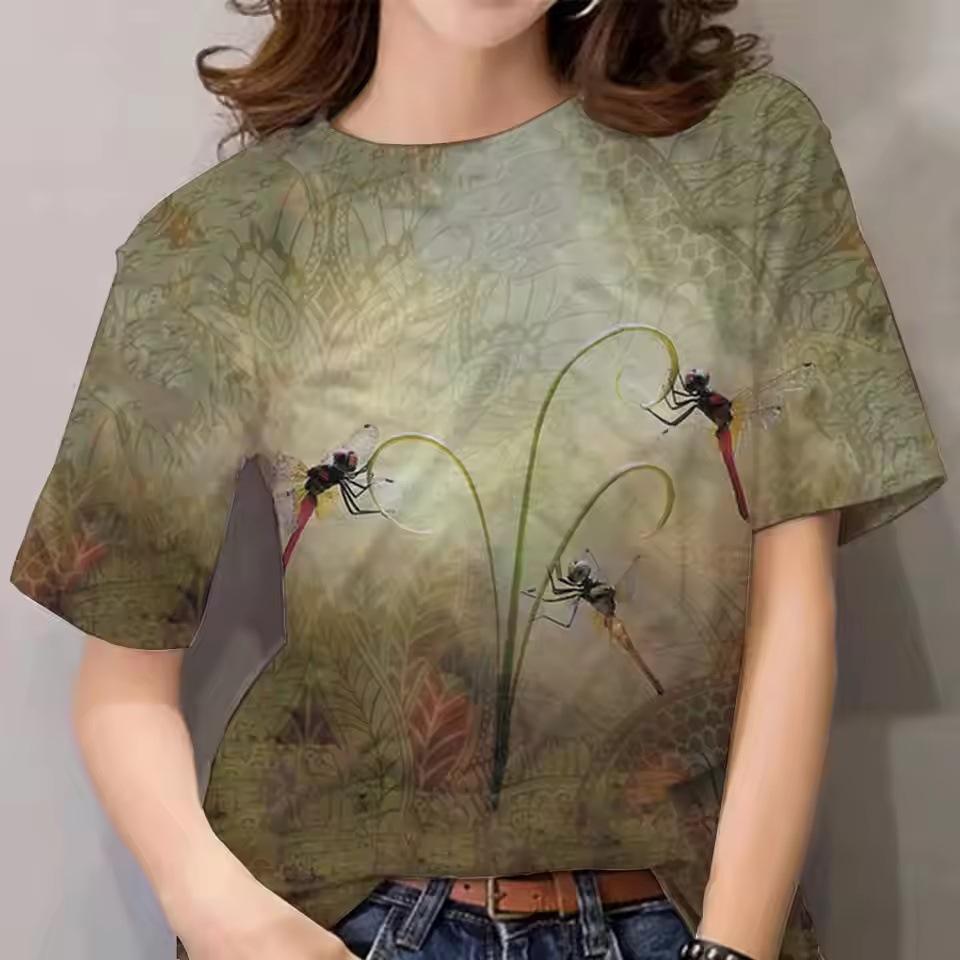 

Летняя футболка с 3D-принтом стрекозы, топ с коротким рукавом, женская свободная уличная футболка 6XL