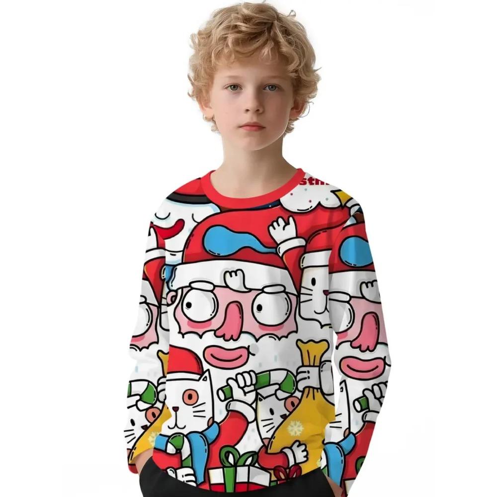 Spring and Autumn Round Neck Cute Santa Claus Pattern 3D Printed Top Fashionable Casual Long Sleeved Children's Boy T-shirts