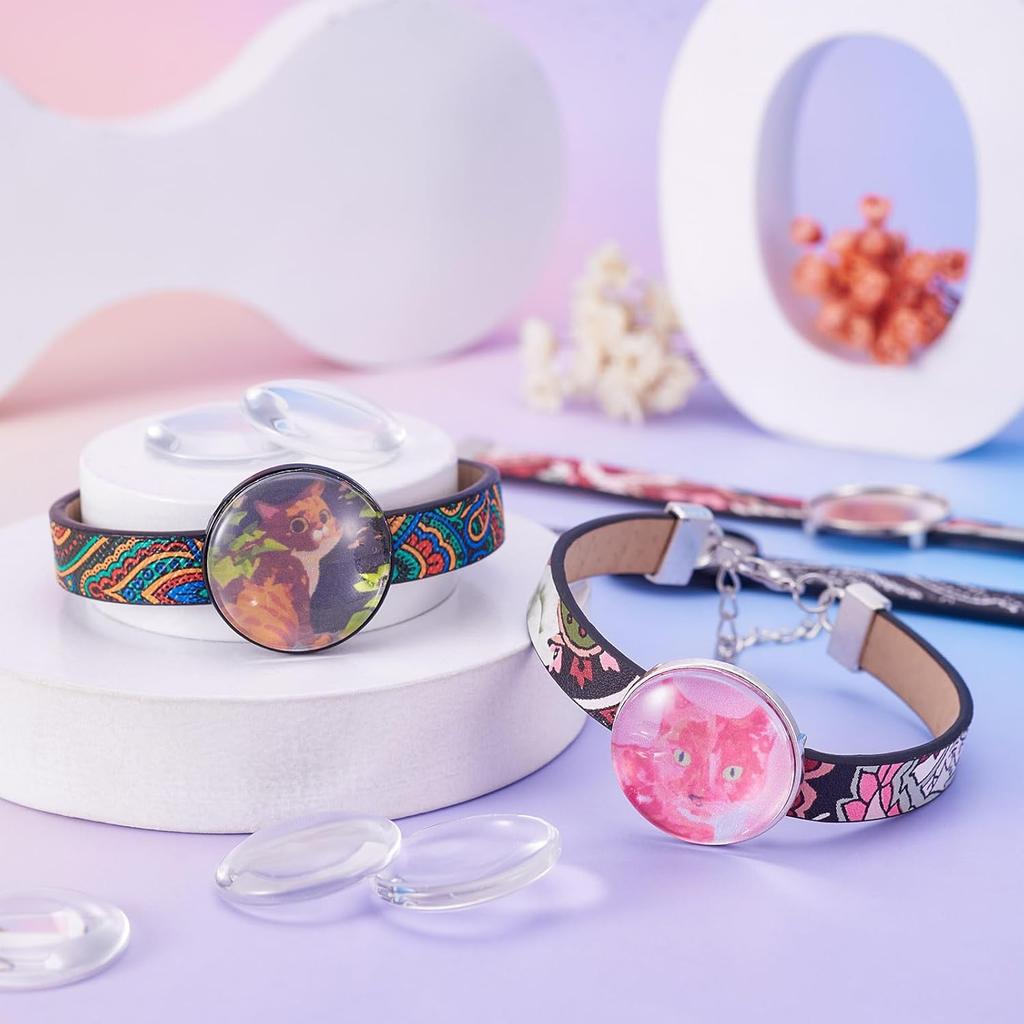 14 Pcs PU Leather Cord Bracelet Bezel Tray Blank Tray Bracelet Band Settings 26.5 mm Adjustable Round Tray Bracelet Kits with Glass Cabochons for DIY