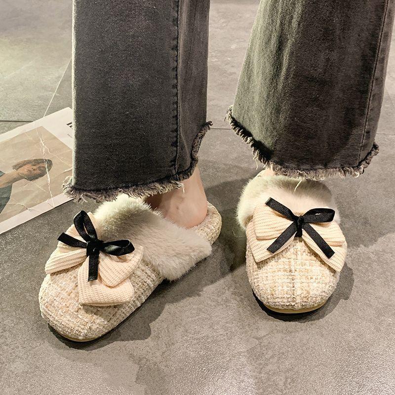Home thick bottom non-slip fluffy slippers women's high value temperament bow cute cotton slippers