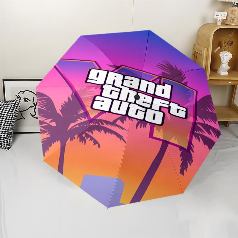 Game Grand Theft Auto Print Automatic Umbrella, 8 Rib Iron Frame, Plastic Handle, Suitable for Outdoor Travel &Daily , Ideal Gift