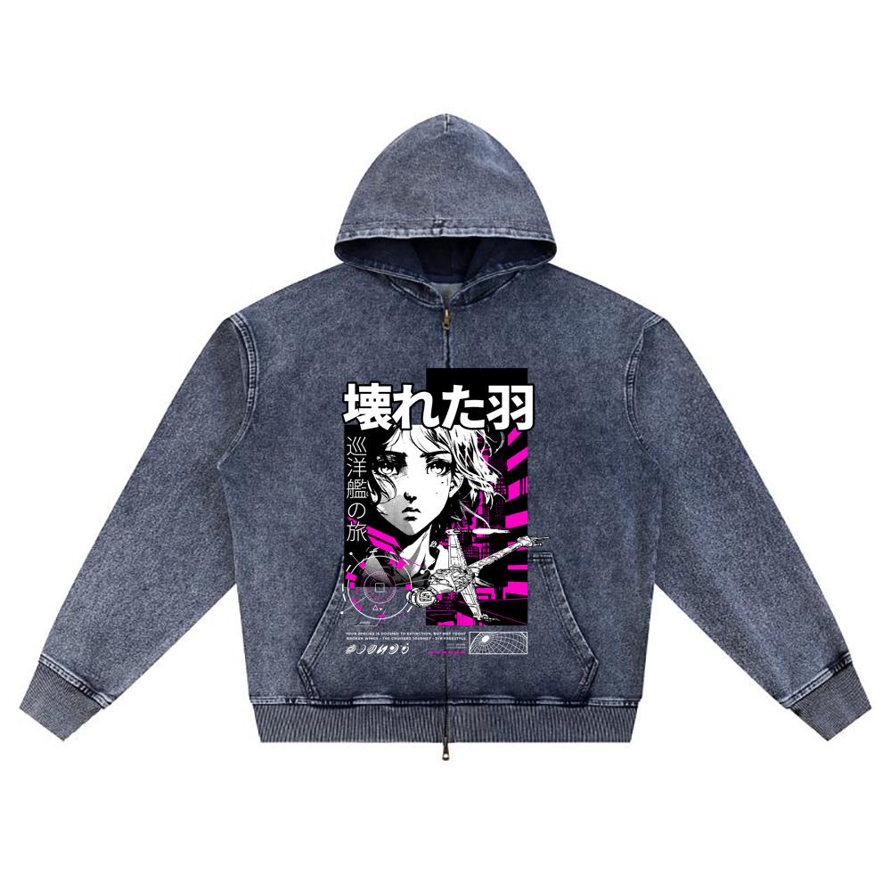 DTG Print Knitted Denim Zip-Up Hoodie Anime Broken Wings Neon Japanese Style Brother Print Zipper Hoodies  