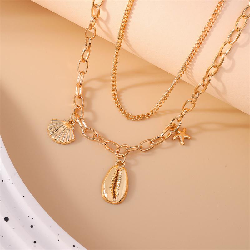 Fashion Gold Color Zinc Alloy Chain Necklace Double-Layer Shell Starfish Pendant Choker Necklace for Women Holiday Gifts
