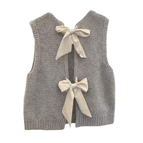 Women Knitted Vest Round Neck Sleeveless Crop Tank Back Bow Tie Decor Hollow Back Solid Color Sweater Vest