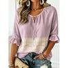 Women's Tie Split Neck Blouse, Light Purple White Seashell Border Print, Loose Fit for Spring Summer Daily Casual Outfits