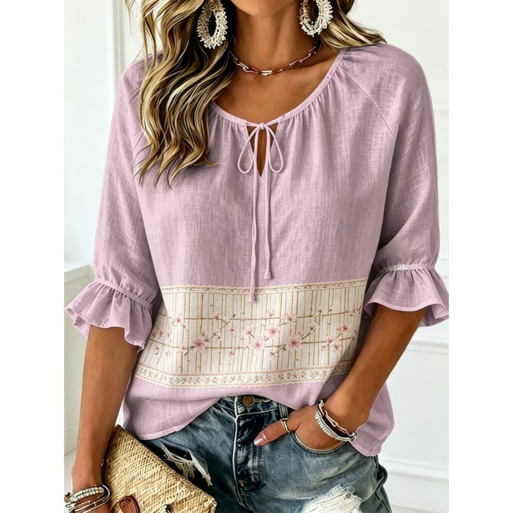 Women's Tie Split Neck Blouse, Light Purple White Seashell Border Print, Loose Fit for Spring Summer Daily Casual Outfits