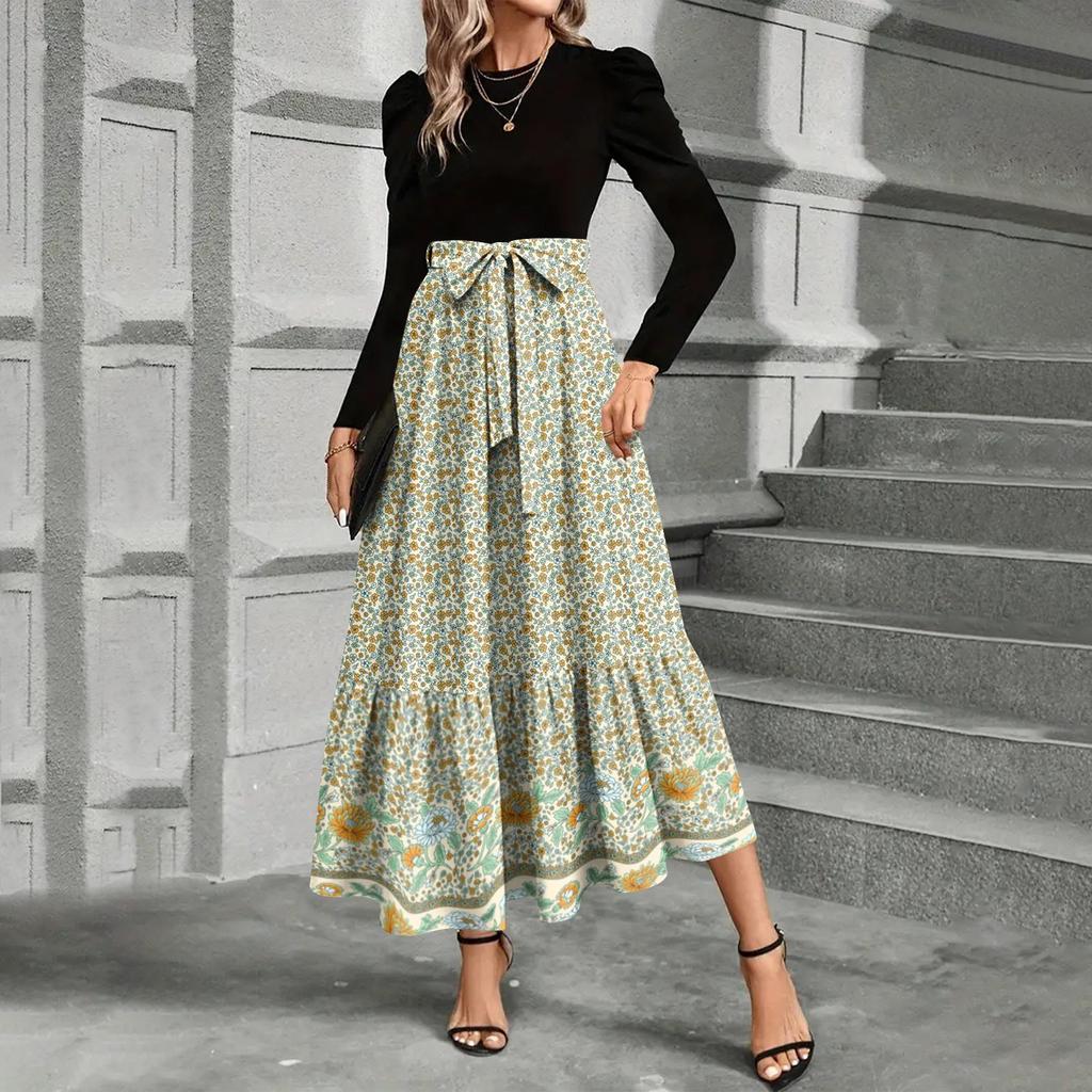 Women's Floral Print High Waist Fashionable And Elegant Dress