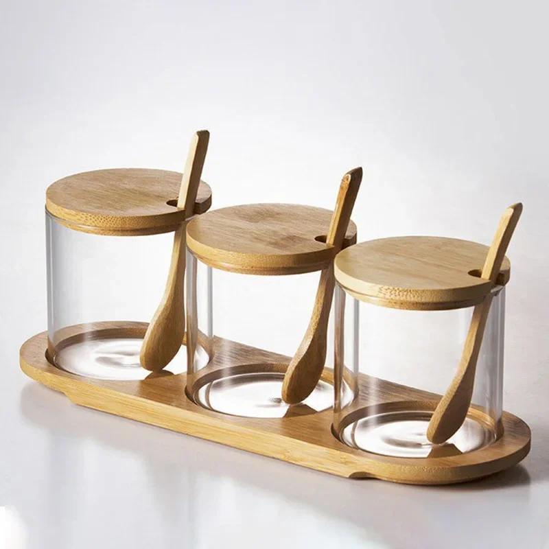 

Набор стеклянных баночек для приправ на кухне, прозрачный контейнер для соли и специй с поддоном, органайзер для кофейных зерен, пыленепроницаемая бутылка для приправ