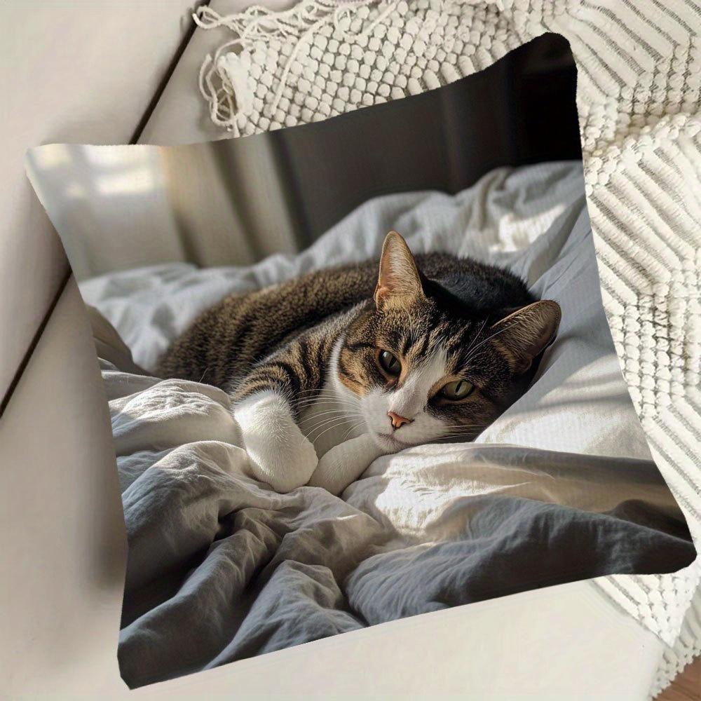 Cozy Tabby Cat Sleeping Pillowcase, Realistic Pet Photo Cushion Cover, Soft Home Decor for Living Room Bedroom Sofa