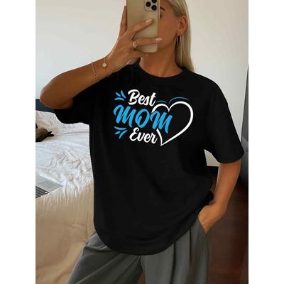 Damen Best Mom Ever Grafik-T-Shirt Herz Buchstabenprint Schwarz Rundhals Kurzarm Lässig Alltags-Wochenend-Oberteil