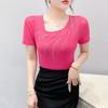 New Summer Women's T-shirt Sexy Skew Collar Shiny Diamonds Tees Fashion Female Short Sleeves Slim Mesh Tops Blouse