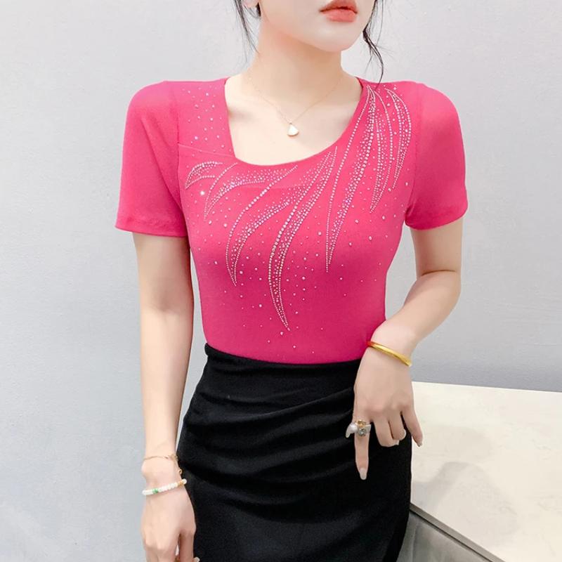 New Summer Women's T-shirt Sexy Skew Collar Shiny Diamonds Tees Fashion Female Short Sleeves Slim Mesh Tops Blouse