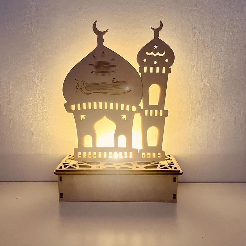 Hölzerne Eid-Dekoration Nachtlicht Ramadan Desktop-Ornament DIY LED-Lampe Handwerk Islamisch Muslimische Heimparty Dekoration Geschenke