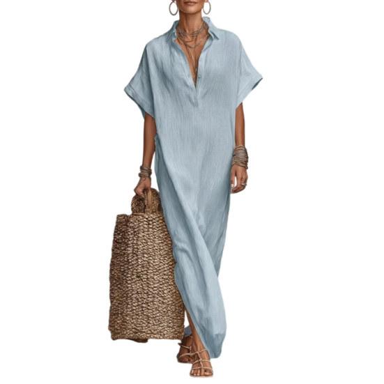 Summer Cotton Linen Dress for Women Short Sleeve Button Up Long Dress Casual Loose Beach Tunic Sundress