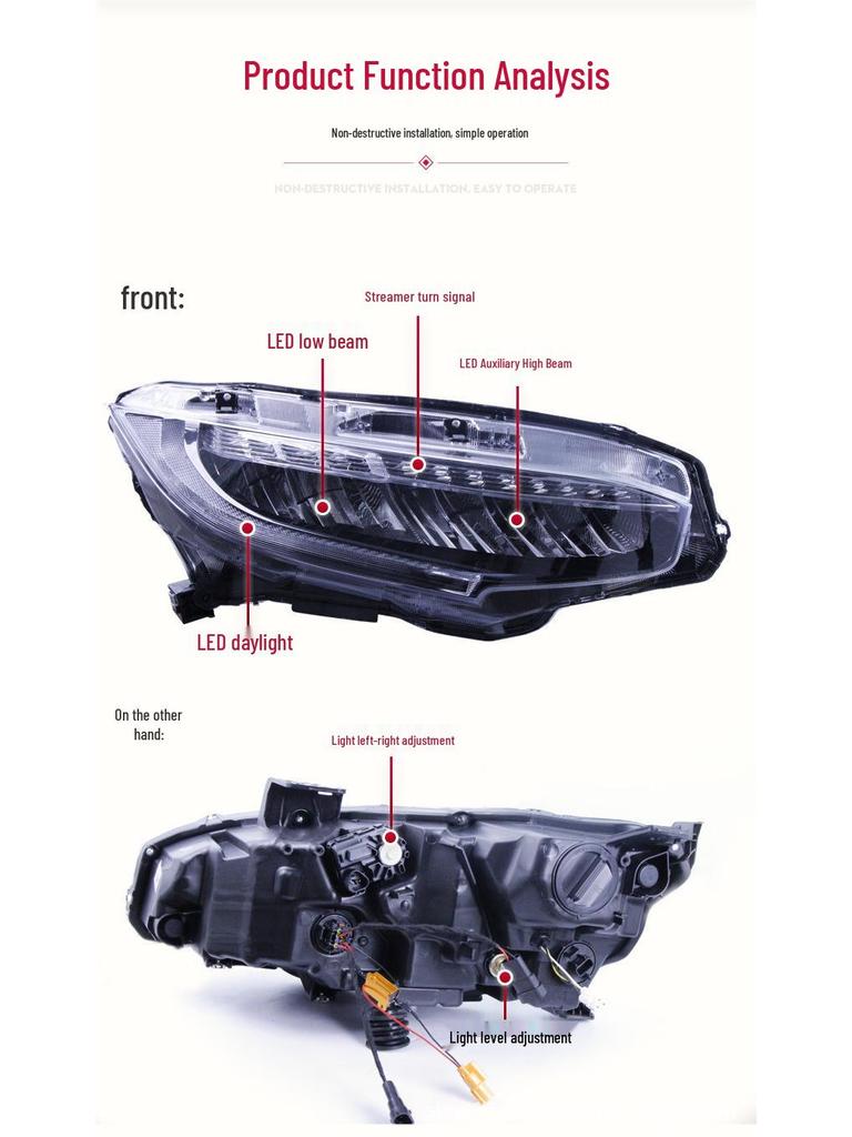 Compatible LED Flowing Turn Signal DRL Headlight Assembly for 16-20 Tenth-Gen Civic