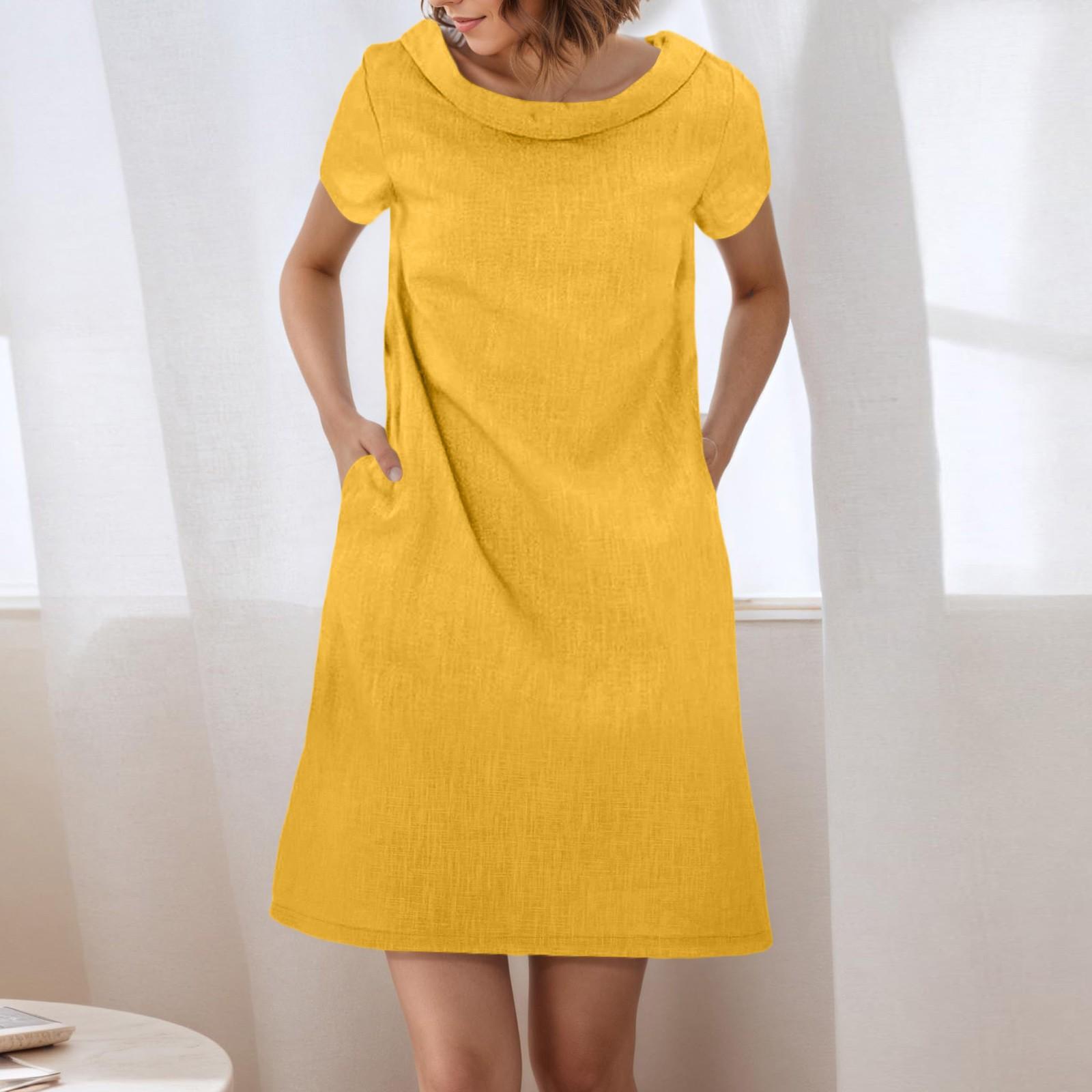 

Womens Dress Summer Casual Loose Short Sleeve Beach Shirt Dress With Pockets XL жовтий