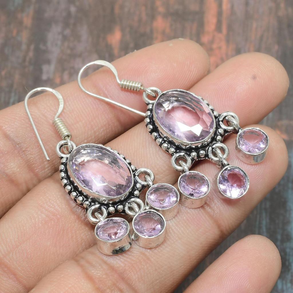 Charming Pink Kunzite Gemstone Handmade 925 Sterling Silver Jewelry Earring