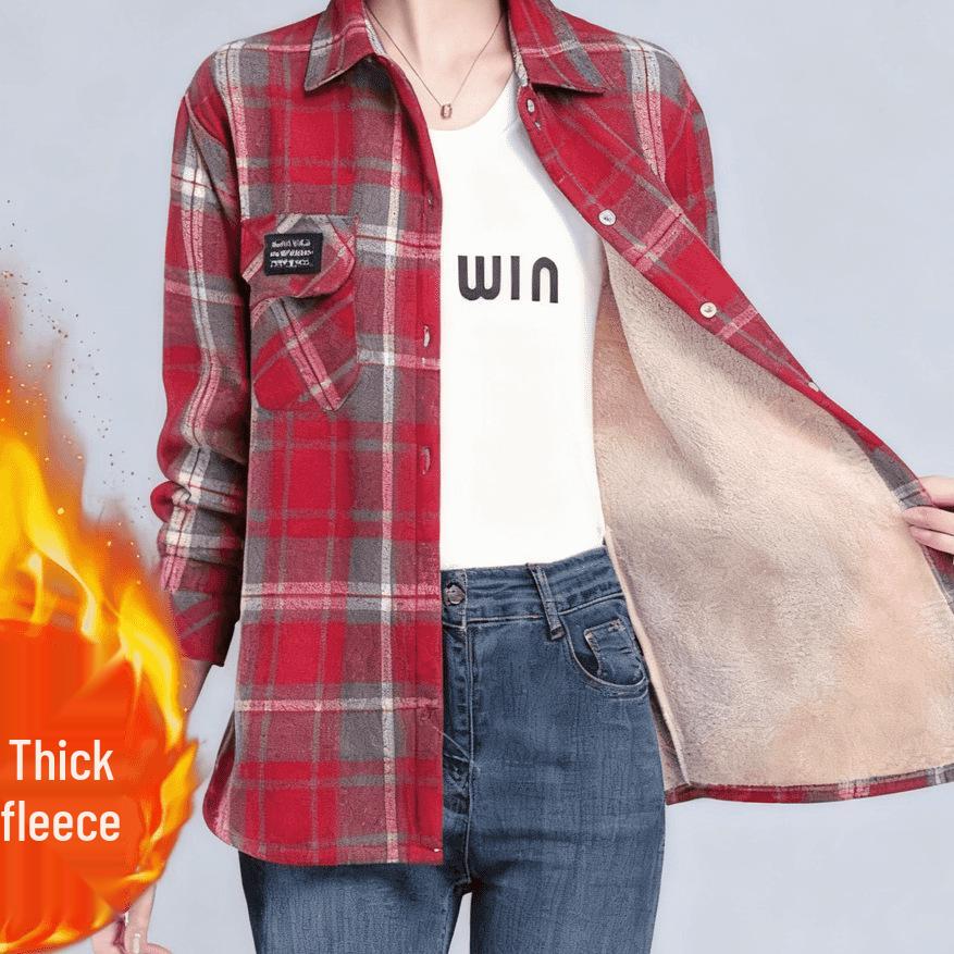 Fleece-Lined Plaid Mid-Length Wool Shirt for Women - Plus Size, Long-Sleeve Casual Outerwear
