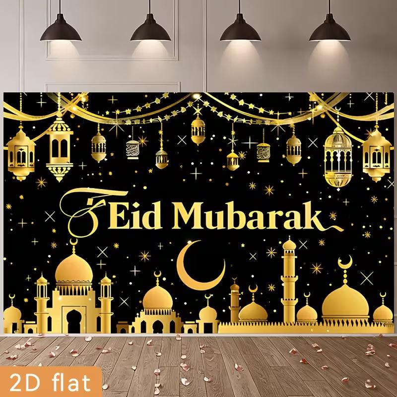 2D Flat Eid Mubarak Background, Black Gold Moon & Mosque Theme Backdrop for Muslim Festival