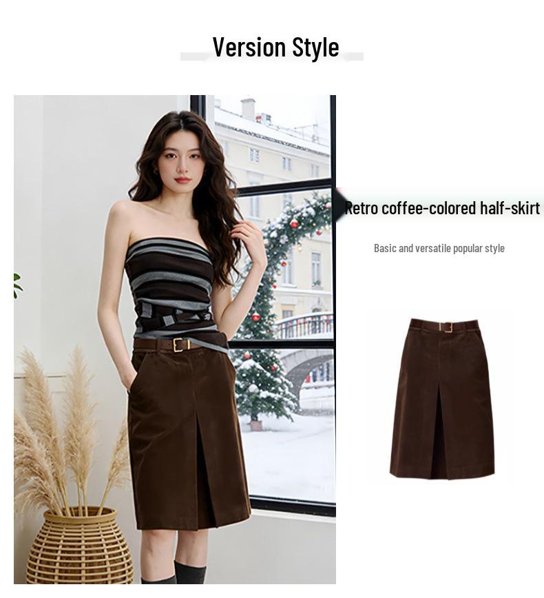 Retro Brown Velvet A-line Skirt with Slit - Youthful Spring Style