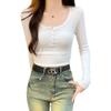 Reines Verlangen U-Ausschnitt T-Shirt Damen Vorderseite Schulter Langarm Herbst Slim Fit Vielseitig und dünn Halboffener Ausschnitt Unterhemd Oberteil Damen