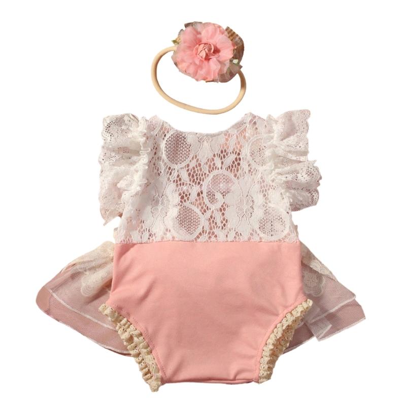 

Infant Ruffle Trim Bow Lace Detail Headband with Matching Jumpsuit Outfit Props for Photoshoots and Celebrations M