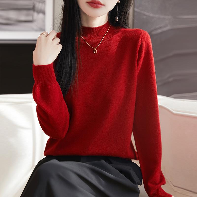 2025 Spring Women's Solid Color Half-High Collar Knit Wool Pullover Sweater